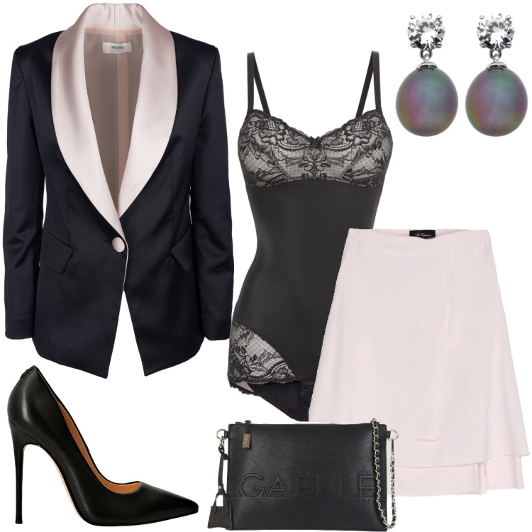 Outfit donna - San Valentino. Stile Chic per Serata fuori. Abbinamento con body, gonne longuette, décolleté, pochette, blazer, orecchini.