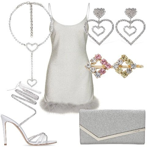 Outfit donna - LUISAVIAROMA - San Valentino. Stile Romantica per Serata fuori. Abbinamento con vestiti, sandali in pelle, pochette, accessori per capelli, collane, orecchini.