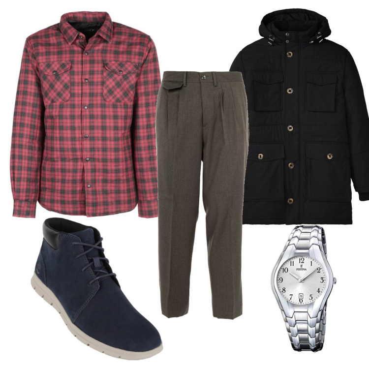 Outfit uomo - Total look #1541675. Stile Casual per Tutti i giorni. Abbinamento con parka, stivali e stivaletti, camicie, pantaloni, orologi.