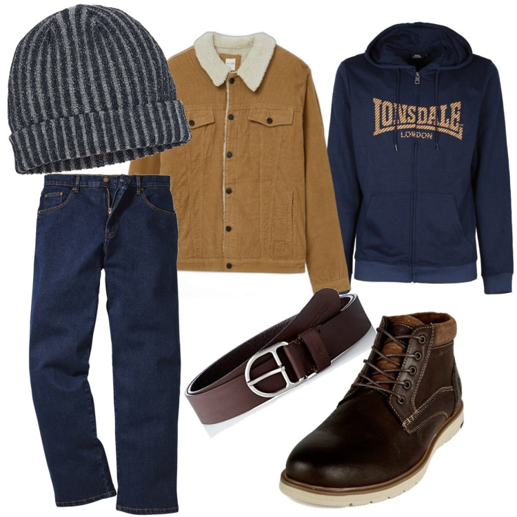 Outfit uomo - Notte e tabacco. Stile Casual per Tutti i giorni. Abbinamento con jeans dritti, stivali e stivaletti, felpe con cappuccio, giacche, cinture, berretti.