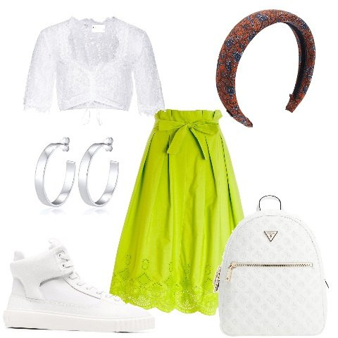 Outfit donna - Mi vesto vintage ma moderna. Stile Vintage retrò per Tutti i giorni. Abbinamento con camicie, gonne longuette, sneakers alte, zaini, fasce per capelli, orecchini.