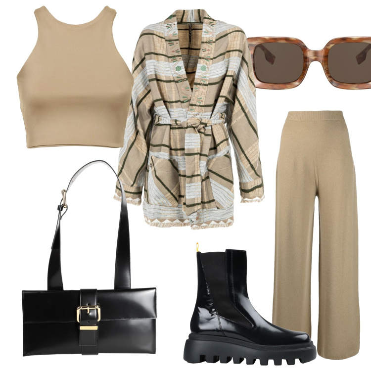 Outfit donna - Total look #1541848. Stile Casual per Tutti i giorni. Abbinamento con stivaletti, borse a spalla, blazer, pantaloni, occhiali da sole, top.