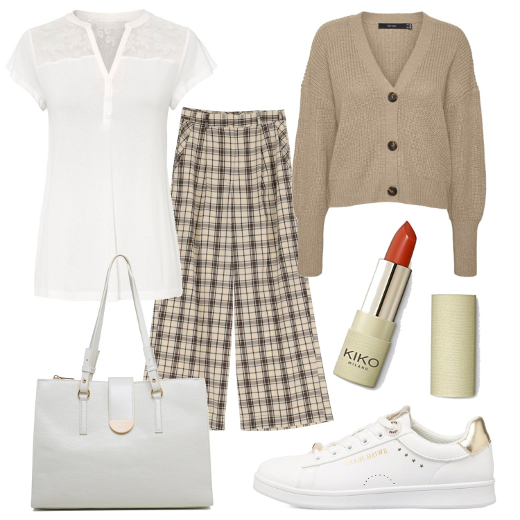 Outfit donna - T-shirt con pizzo. Stile Casual chic per Tutti i giorni. Abbinamento con maglieria, sneakers, borse a spalla, cardigans, pantaloni a palazzo, rossetti.