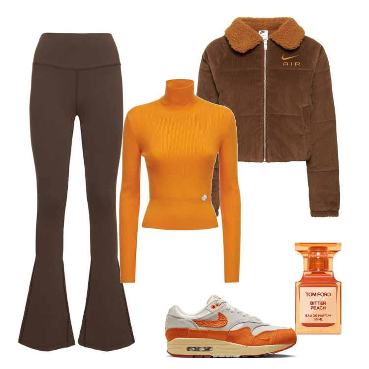 Outfit donna - Bitter peach. Stile Casual per Tutti i giorni. Abbinamento con maglieria, pantaloni, piumini, sneakers, profumi.