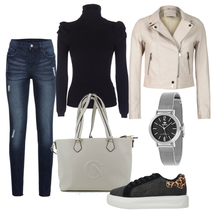 Outfit donna - Tutti i giorni con stile. Stile Casual chic per Tutti i giorni. Abbinamento con jeans strappati, sneakers, giacche, maglieria, borse a tracolla, orologi.