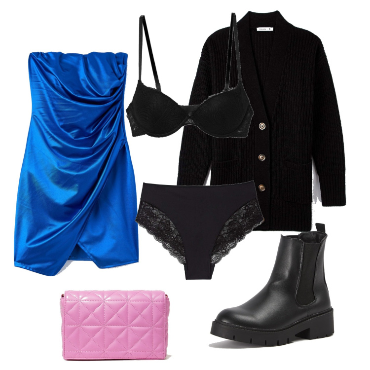 Outfit donna - Terranova per San Valentino. Stile Sexy per Serata fuori. Abbinamento con cardigans, vestiti asimmetrici, anfibi, culotte, borse a spalla, reggiseni push-up.