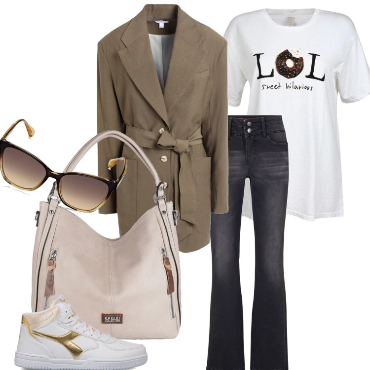 Outfit donna - Mezza stagione. Stile Casual chic per Tutti i giorni. Abbinamento con jeans bootcut, blazer, t-shirt, borse a spalla, sneakers alte, occhiali da sole.