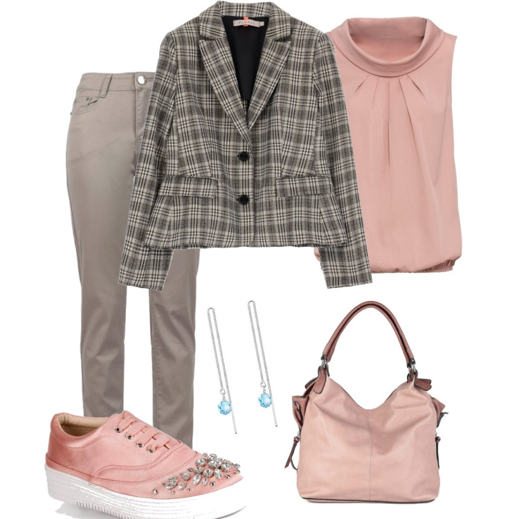 Outfit donna - Rosa grigio.23. Stile Casual chic per Serata fuori. Abbinamento con top, borse a spalla, sneakers alte, pantaloni, giacche, orecchini.