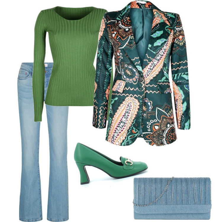 Outfit donna - Chic in jeans. Stile Casual chic per Cerimonia. Abbinamento con jeans bootcut, blazer, pullovers, pochette, sandali.