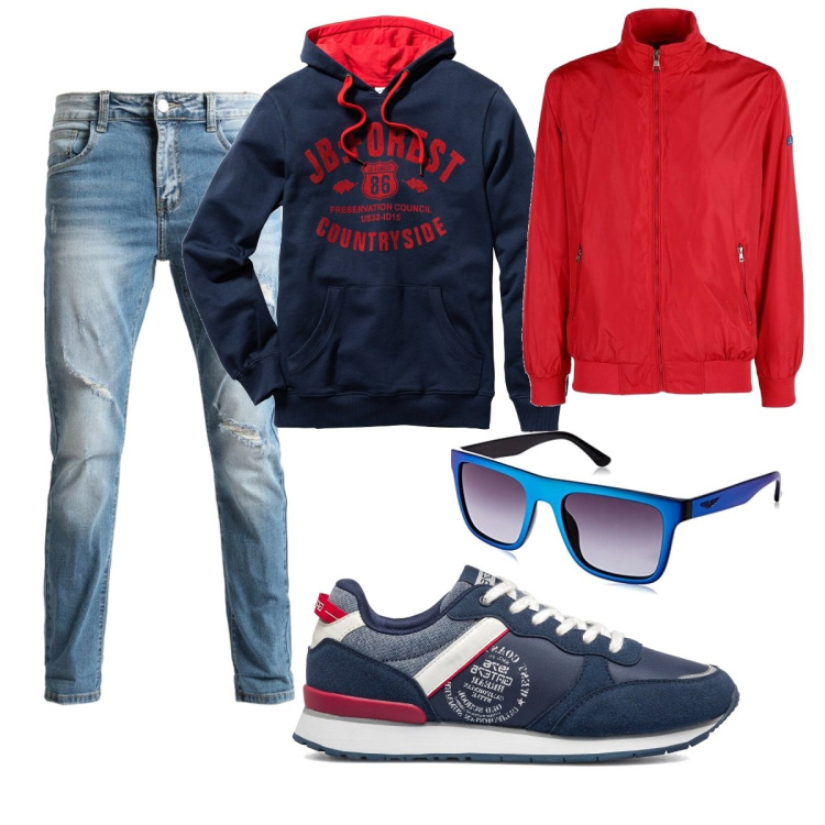 Outfit uomo - Casual #4477. Stile Casual per Tutti i giorni. Abbinamento con felpe con cappuccio, giacche, jeans strappati, sneakers, occhiali da sole.