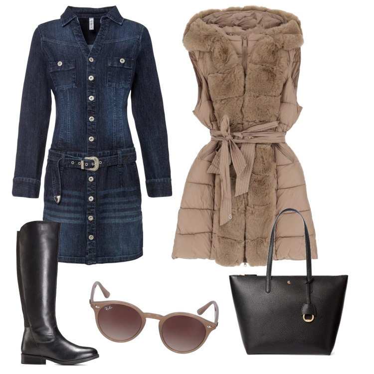 Outfit donna - Total look #1542051. Stile Casual per Tutti i giorni. Abbinamento con vestiti, stivali, piumini, borse tote, occhiali da sole.