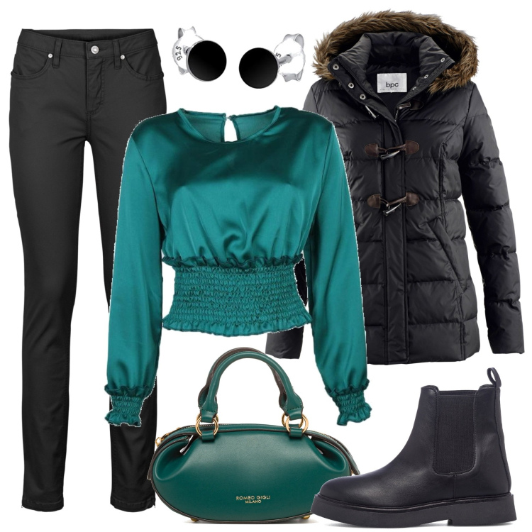 Outfit donna - Comoda di sera. Stile Casual chic per Serata fuori. Abbinamento con jeans skinny, montgomery, bluse, borse a mano, stivaletti, orecchini.