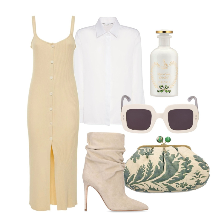 Outfit donna - Classica ma non scontata. Stile Trendy per Tutti i giorni. Abbinamento con pochette, occhiali da sole, profumi, vestiti midi/longuette, stivaletti, camicie.