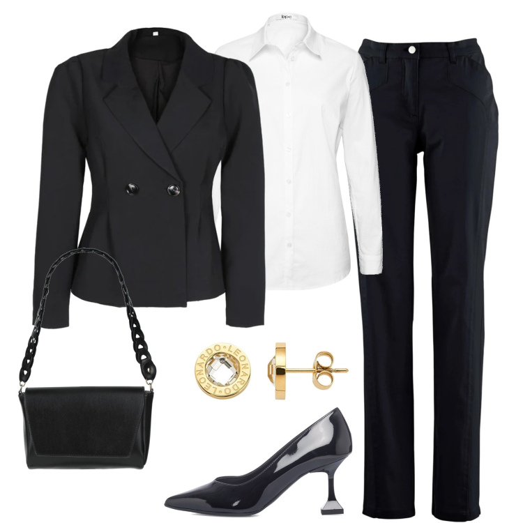 Outfit donna - Bianco e nero. Stile Casual chic per Tutti i giorni. Abbinamento con camicie, pantaloni sportivi, borse a mano, blazer, décolleté, orecchini.