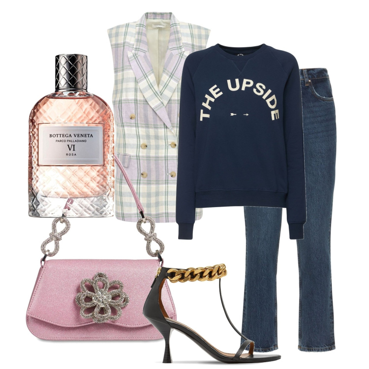 Outfit donna - Il profumo floreale Bottega Veneta. Stile Chic per Tutti i giorni. Abbinamento con profumi, blazer, sandali in pelle, borse a mano, jeans dritti, felpe.