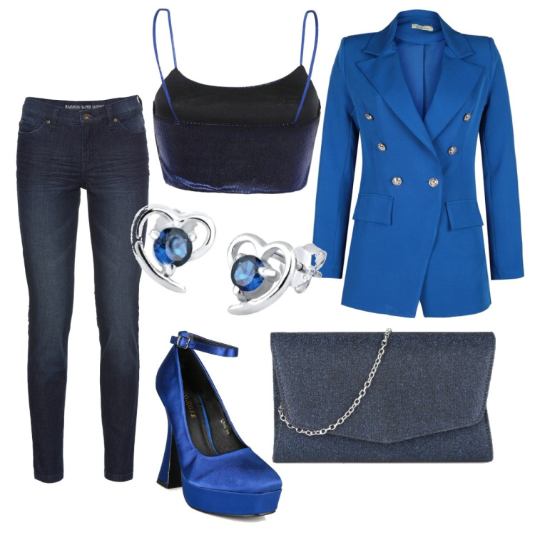Outfit donna - Bluette anni \'80. Stile Sexy per Serata fuori. Abbinamento con jeans skinny, blazer, décolleté, top, pochette, orecchini.