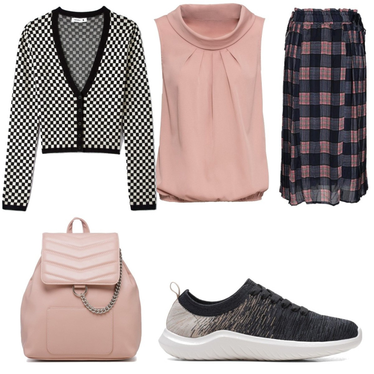 Outfit donna - Gonna lunga. Stile Urban per Ufficio. Abbinamento con top, gonne lunghe, cardigans, sneakers, zaini.