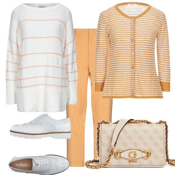 Outfit donna - Outfit toni arancio nr. 1. Stile Urban per Tutti i giorni. Abbinamento con scarpe stringate, pantaloni, cardigans, pullovers, borse a tracolla.