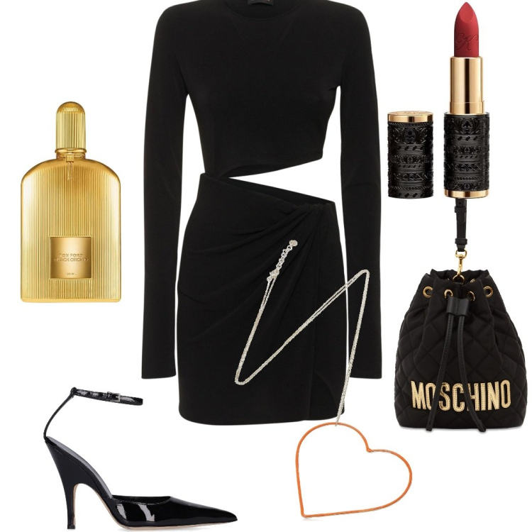 Outfit donna - Il tuo stile con un profumo. Stile Glamour per Serata fuori. Abbinamento con collane, profumi, vestiti, borse a spalla, rossetti, décolleté.