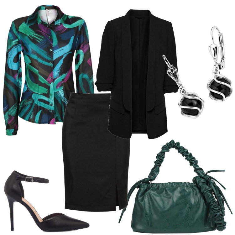 Outfit donna - Chic in ufficio. Stile Chic per Ufficio. Abbinamento con blazer, borse a mano, camicie, gonne lunghe, décolleté, orecchini.