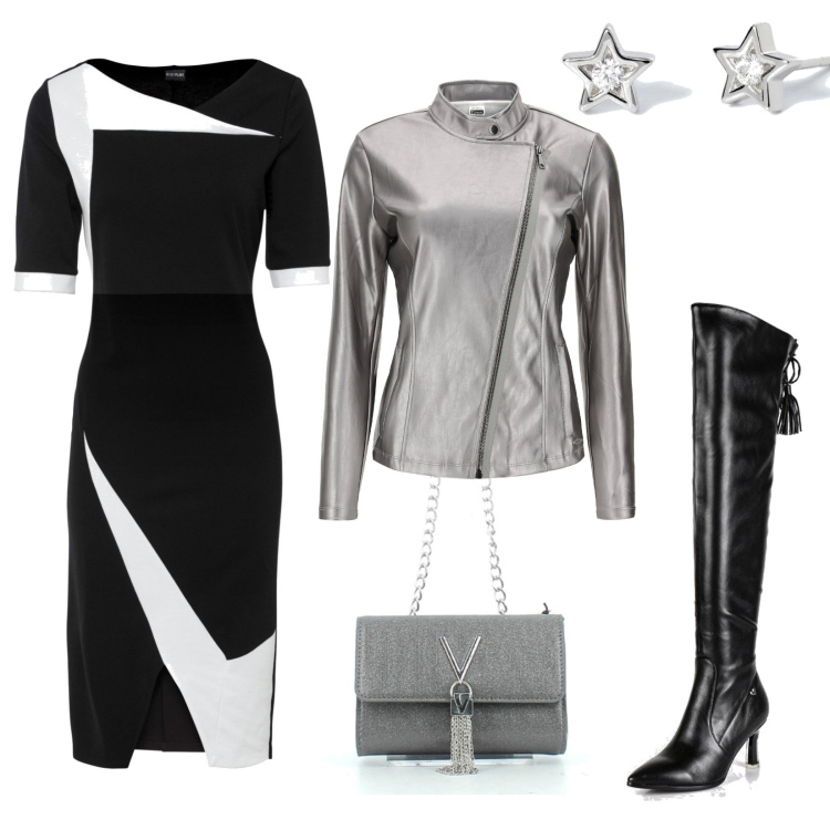 Outfit donna - Un basic per la sera. Stile Basic per Serata fuori. Abbinamento con vestiti a tubino, stivali sopra il ginocchio, orecchini, giacche, clutch.