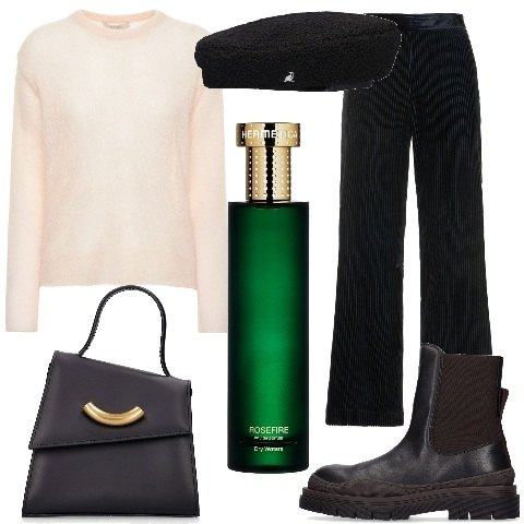 Outfit donna - LUISAVIAROMA - lo stile con un profumo. Stile Glamour per Tutti i giorni. Abbinamento con profumi, maglieria, stivaletti chelsea, pantaloni, cappelli, borse a mano.