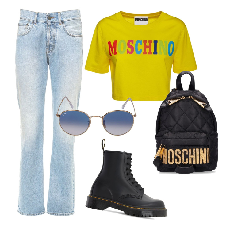 Outfit donna - Trendy Moschino. Stile Sporty chic per Tutti i giorni. Abbinamento con jeans skinny, zaini, stivali, t-shirt, occhiali da sole.