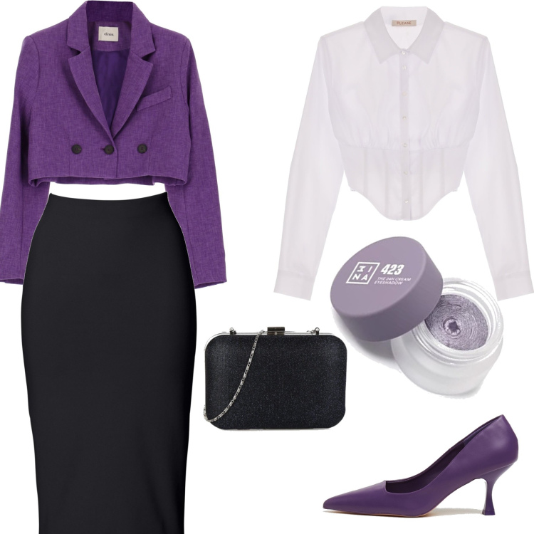 Outfit donna - Basico viola. Stile Basic per Serata fuori. Abbinamento con gonne longuette, pochette, camicie, décolleté, giacche, ombretti.