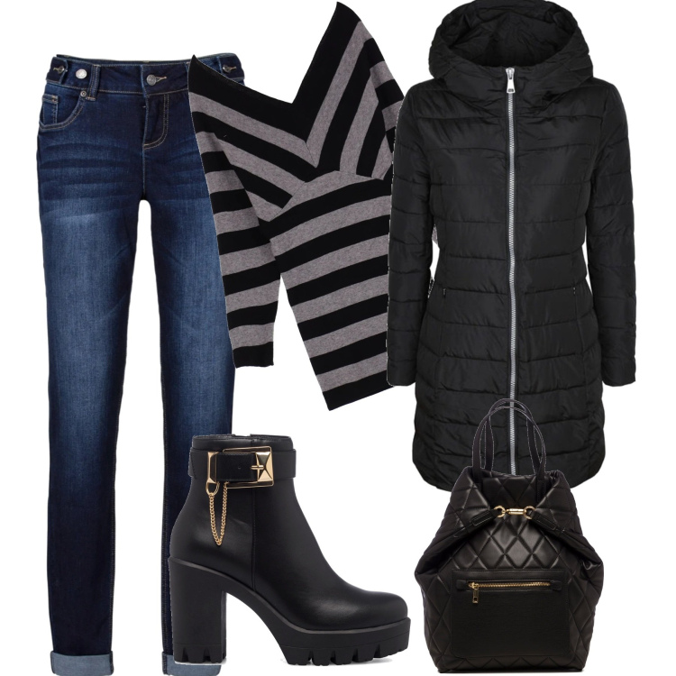 Outfit donna - In città. Stile Casual per Tutti i giorni. Abbinamento con jeans boyfriend, giacche, pullovers, borse a secchiello, stivaletti.