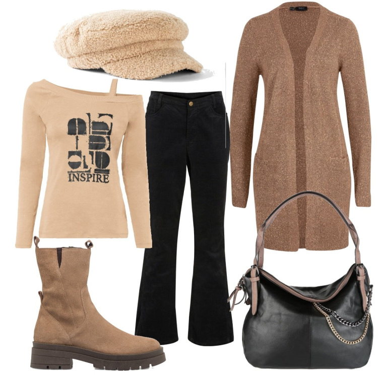 Outfit donna - Total look #1542697. Stile Basic per Tutti i giorni. Abbinamento con pantaloni, maglieria, cardigans, cappelli con visiera, borse a spalla, stivaletti.