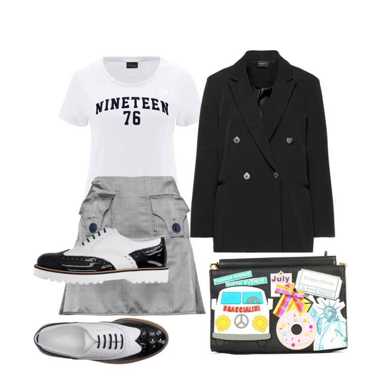 Outfit donna - Ghost outfitter - doppiopetto casual. Stile Casual chic per Tutti i giorni. Abbinamento con scarpe stringate, blazer, minigonne, t-shirt, borse a tracolla.