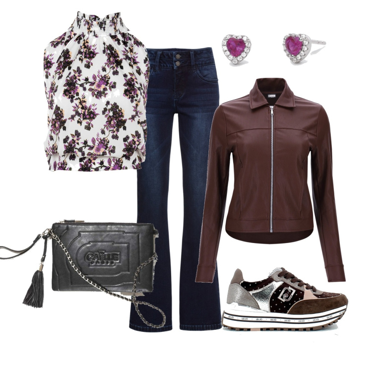 Outfit donna - Basic #2913. Stile Basic per Serata fuori. Abbinamento con jeans bootcut, orecchini, pochette, top, cappotti, sneakers.