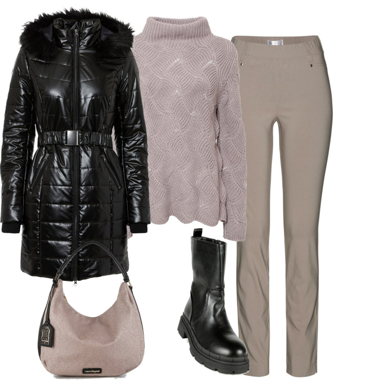 Outfit donna - In città. Stile Casual chic per Tutti i giorni. Abbinamento con pantaloni, maglieria, giacche, stivaletti, borse a spalla.