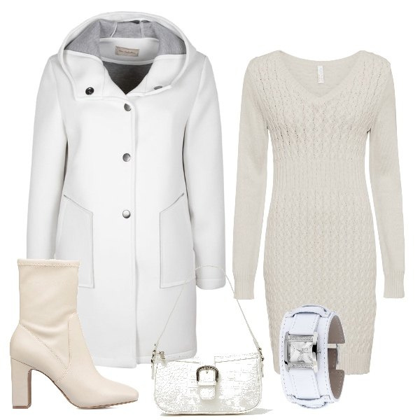 Outfit donna - Total light. Stile Casual chic per Tutti i giorni. Abbinamento con vestiti, cappotti, borse a spalla, stivaletti, orologi analogici.