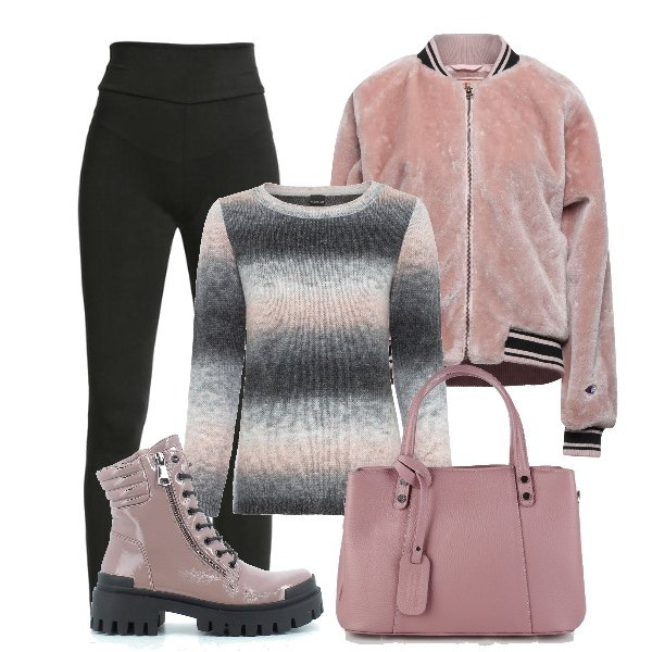 Outfit donna - Di corsa a scuola. Stile Sporty chic per Scuola/Università. Abbinamento con maglieria, cappotti, leggings, borse a mano, anfibi.