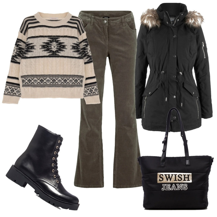 Outfit donna - Febbraio in città. Stile Casual per Tutti i giorni. Abbinamento con pantaloni, parka, pullovers, anfibi, borse a spalla.