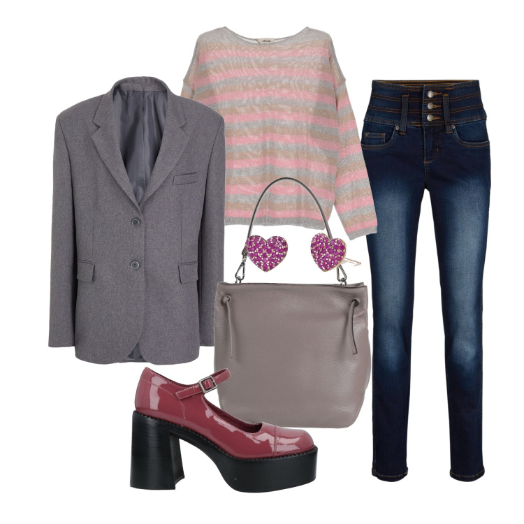 Outfit donna - Con disimpegno. Stile Casual per Tutti i giorni. Abbinamento con blazer, décolleté, borse a mano, jeans, orecchini, pullovers.