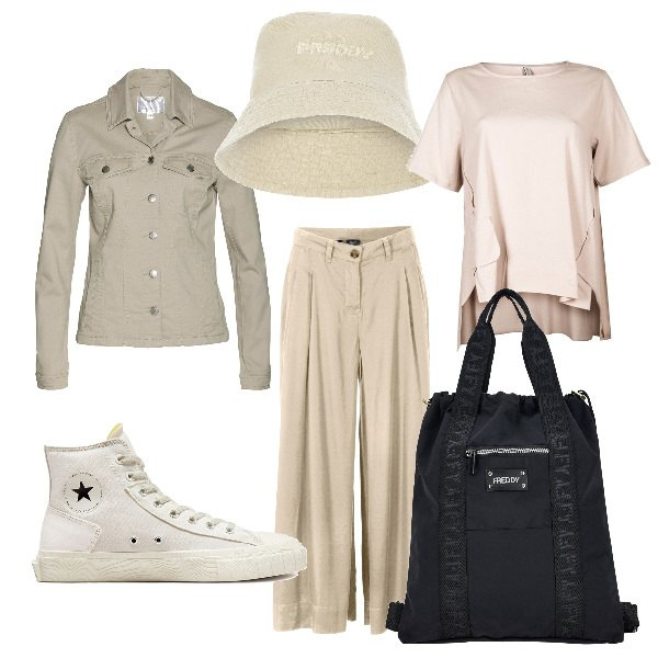 Outfit donna - Total look #1543200. Stile Urban per Tutti i giorni. Abbinamento con blazer, pantaloni capri, t-shirt, sneakers, zaini, cappelli.