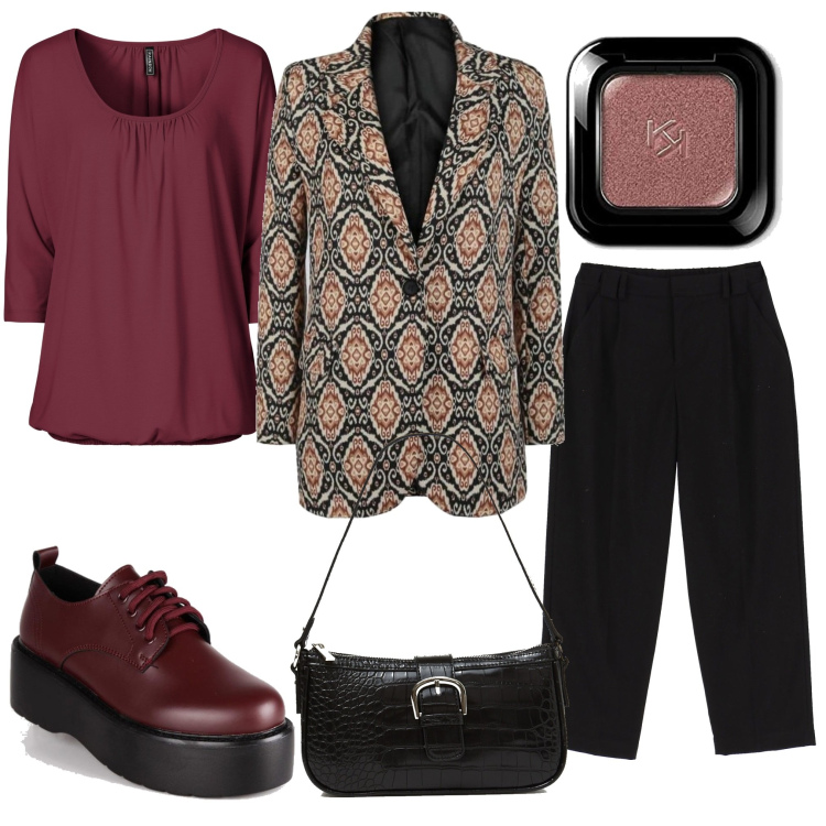 Outfit donna - Brunch in centro. Stile Trendy per Tutti i giorni. Abbinamento con maglieria, blazer, francesine, borse a spalla, pantaloni, ombretti.