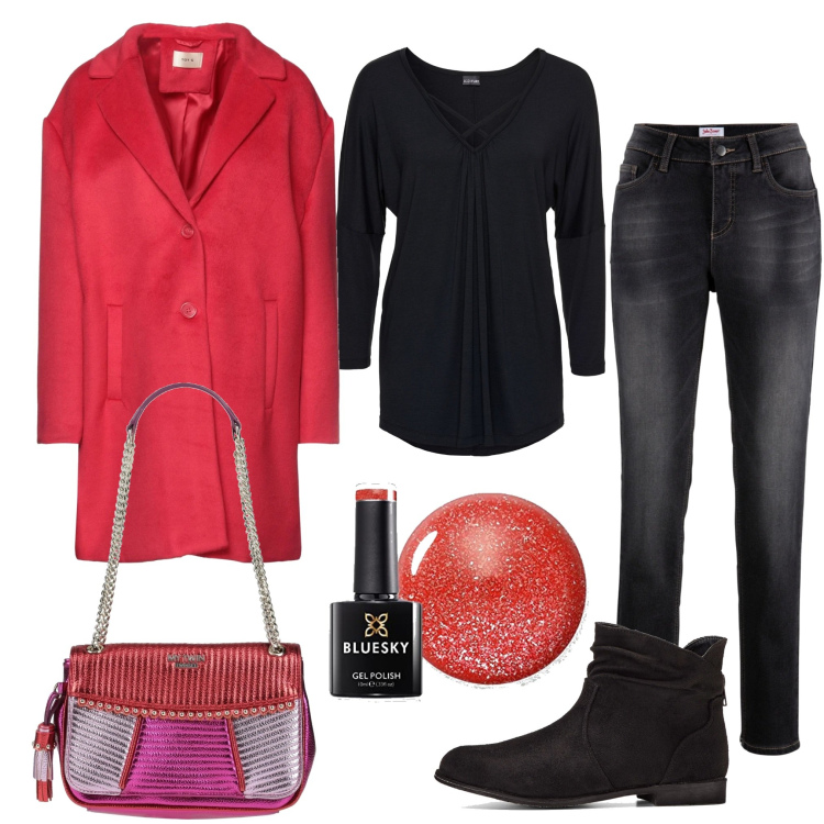 Outfit donna - Serata in centro. Stile Casual chic per Serata fuori. Abbinamento con stivaletti, maglieria, jeans boyfriend, cappotti, borse a spalla, smalti.