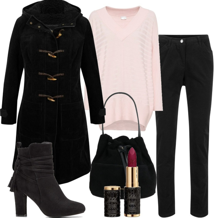 Outfit donna - Sofisticata tutti i giorni. Stile Casual chic per Tutti i giorni. Abbinamento con montgomery, pantaloni, maglieria, stivaletti, borse a mano, rossetti.