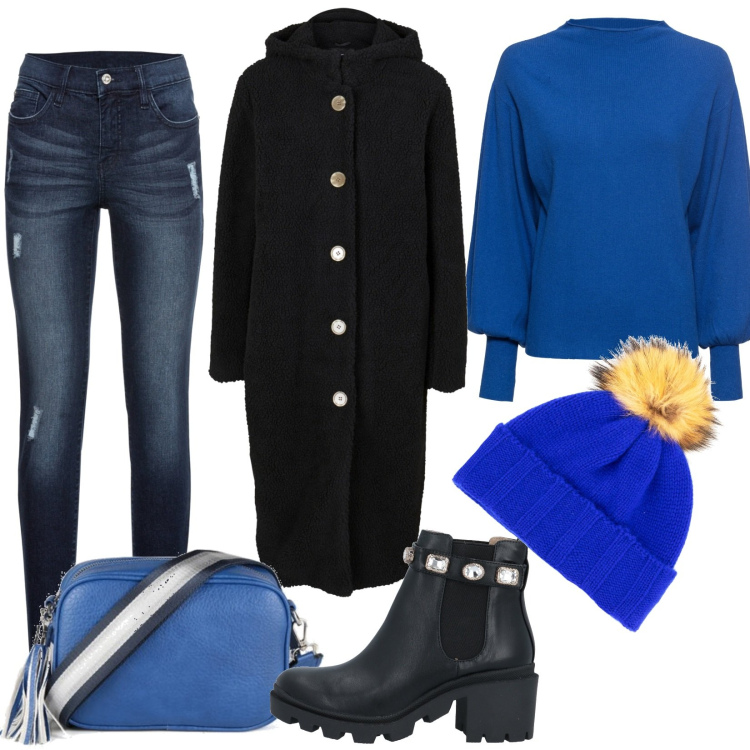 Outfit donna - Berretto col pon pon. Stile Urban per Tutti i giorni. Abbinamento con maglieria, jeans strappati, ecopellicce, stivaletti, borse a mano, berretti.