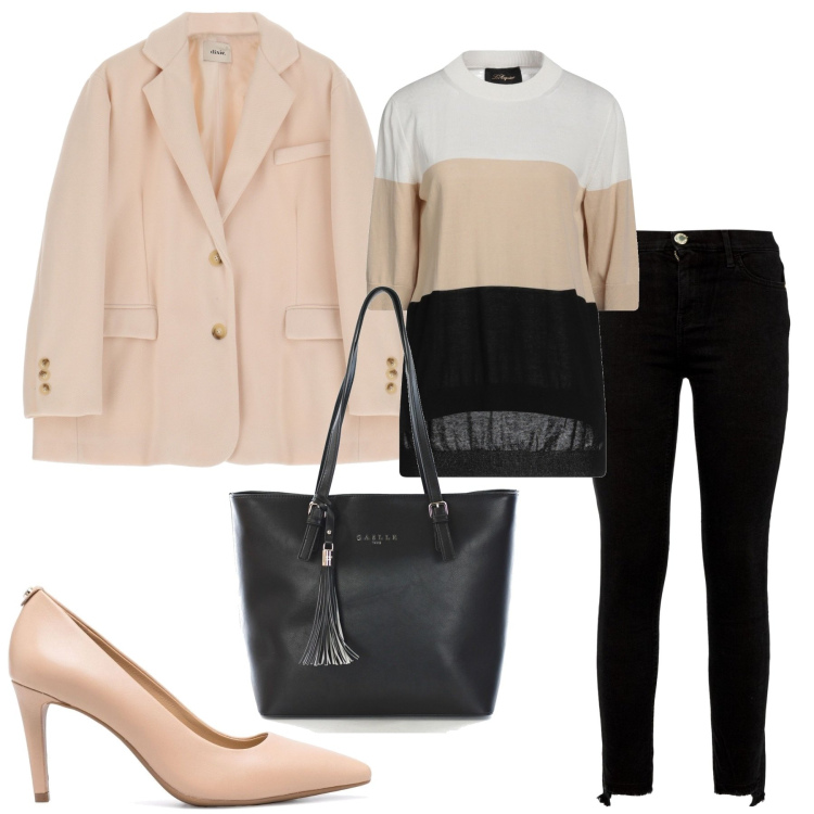 Outfit donna - Curve di stile. Stile Casual chic per Ufficio. Abbinamento con pullovers, borse tote, jeans skinny, décolleté, giacche.