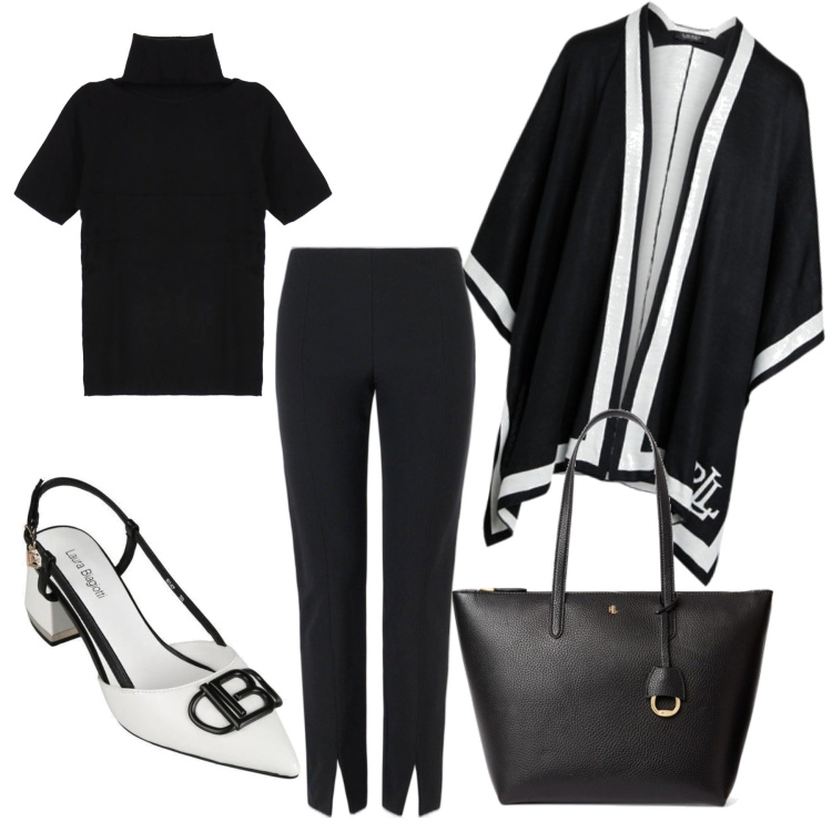 Outfit donna - Bianco e nero. Stile Bon Ton per Serata fuori. Abbinamento con décolleté, maglieria, pantaloni skinny, cappe, borse tote.