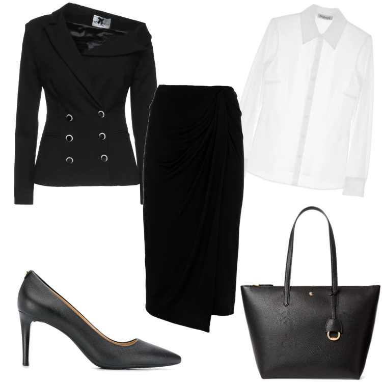 Outfit donna - Il classico senza tempo. Stile Bon Ton per Ufficio. Abbinamento con blazer, camicie, gonne lunghe, décolleté, borse tote.