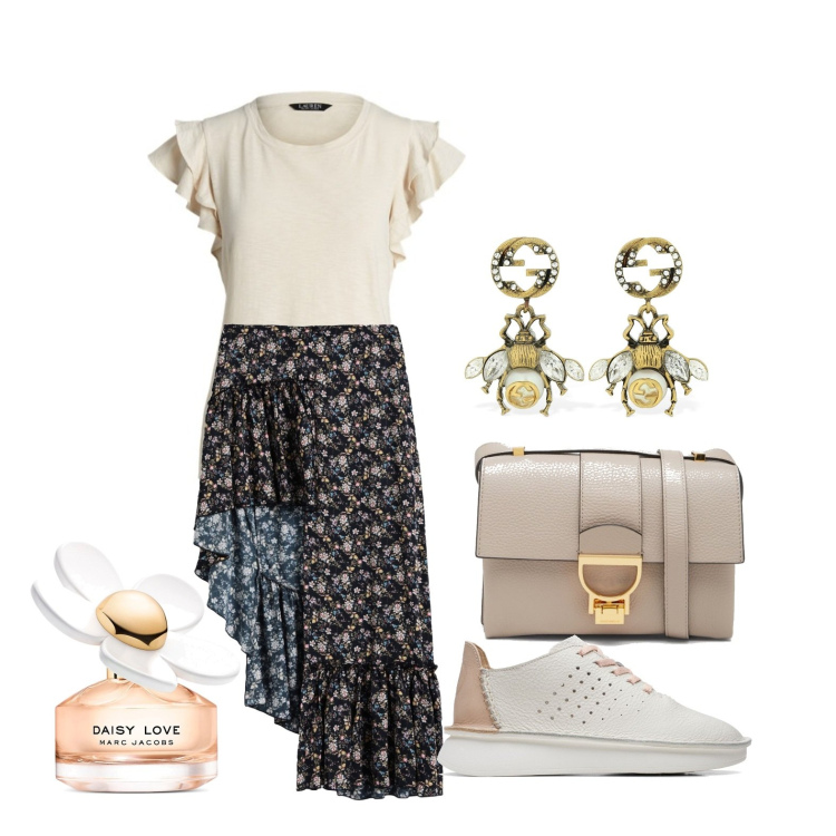 Outfit donna - Ghost outfitter - profumo di primavera. Stile Casual chic per Tutti i giorni. Abbinamento con minigonne, sneakers, borse a spalla, profumi, t-shirt, orecchini.