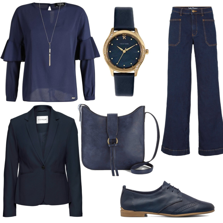 Outfit donna - Blu versatile. Stile Basic per Serata fuori. Abbinamento con blazer, jeans, borse a tracolla, bluse, scarpe stringate, orologi.
