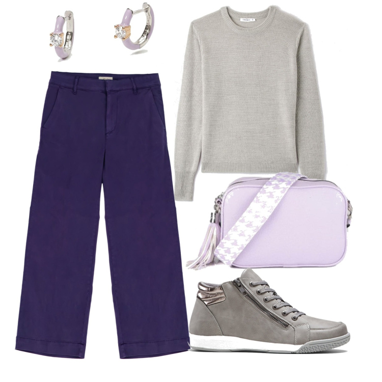 Outfit donna - Viola forever. Stile Basic per Tutti i giorni. Abbinamento con sneakers alte, borse a mano, maglieria, orecchini, pantaloni.