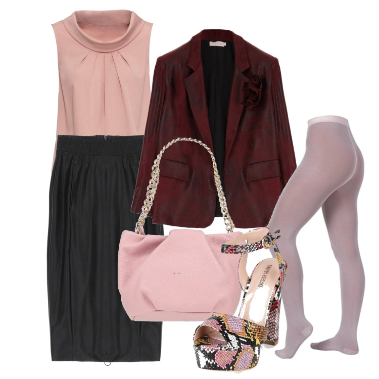 Outfit donna - Très chic con l\'accento. Stile Chic per Tutti i giorni. Abbinamento con borse a mano, top, sandali in pelle, gonne longuette, blazer, collant.