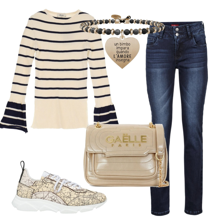 Outfit donna - Una mamma moderna. Stile Basic per Tutti i giorni. Abbinamento con jeans, sneakers, borse a tracolla, ciondoli, maglieria.